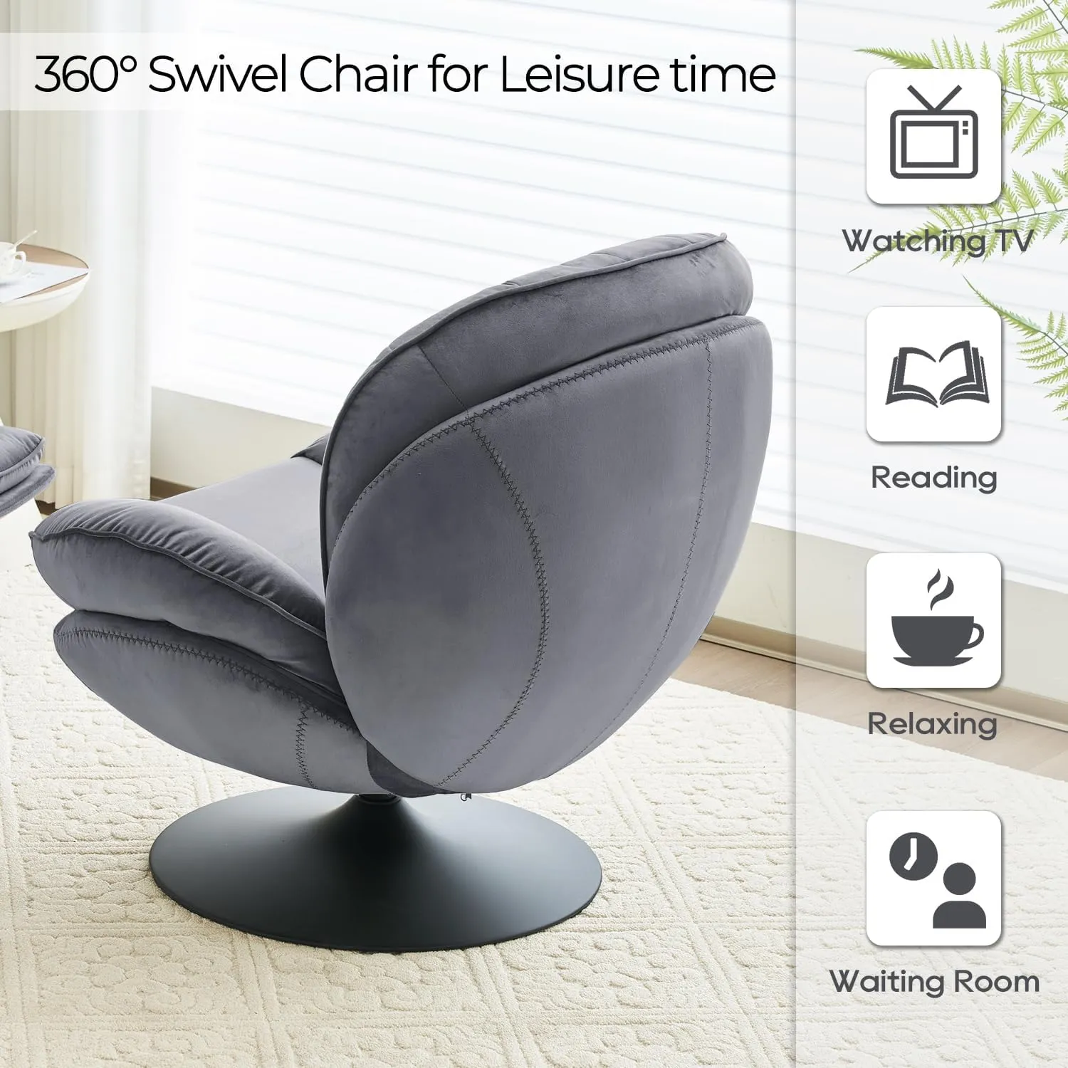 Velvet Swivel Accent Chair with Ottoman Set, Modern Tufted Armchair with Footrest for Living Room, Reading TV Chair for Adults, Comfy Chaise Lounge Chairs with 360 Degree Swiveling for Bedroom, Grey