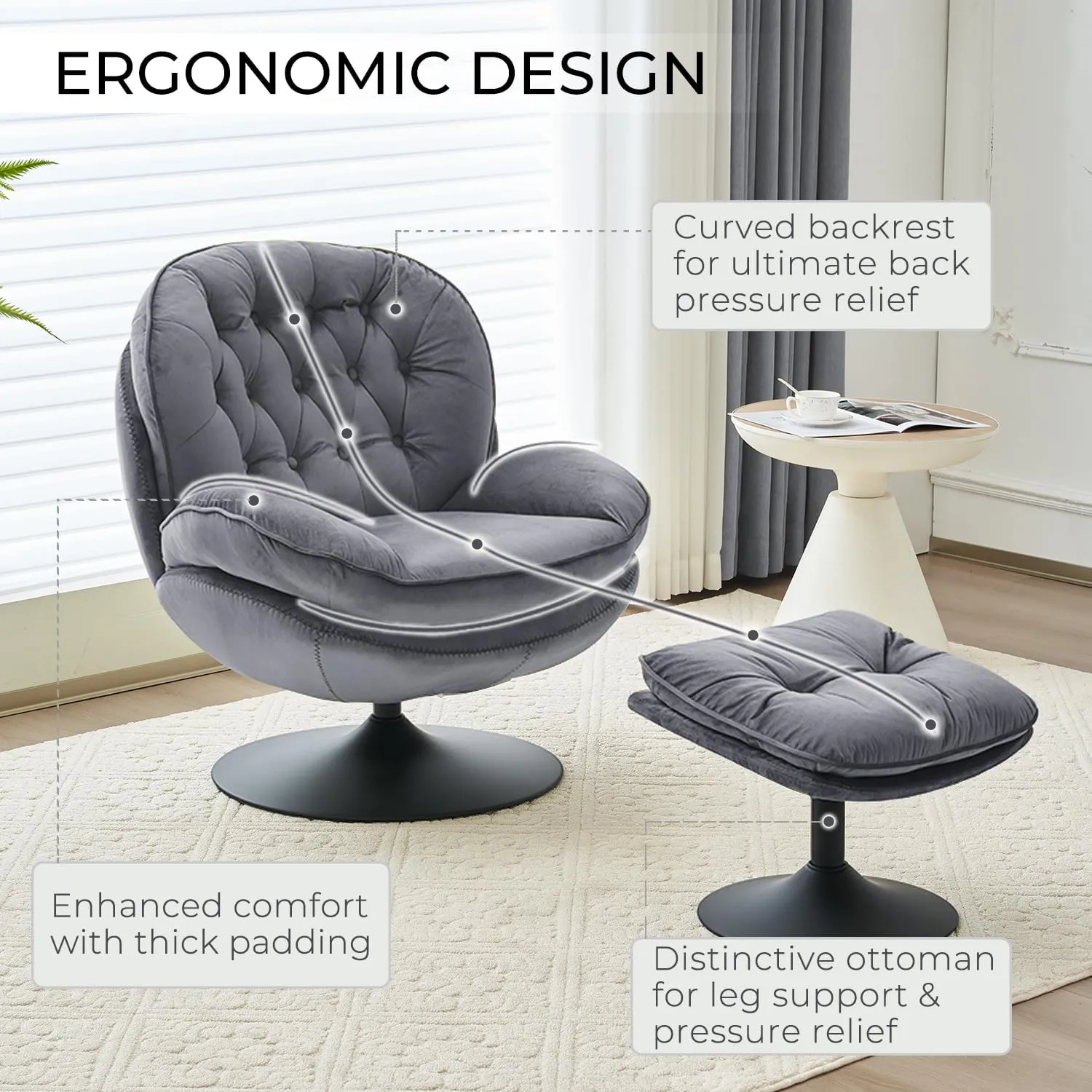 Velvet Swivel Accent Chair with Ottoman Set, Modern Tufted Armchair with Footrest for Living Room, Reading TV Chair for Adults, Comfy Chaise Lounge Chairs with 360 Degree Swiveling for Bedroom, Grey