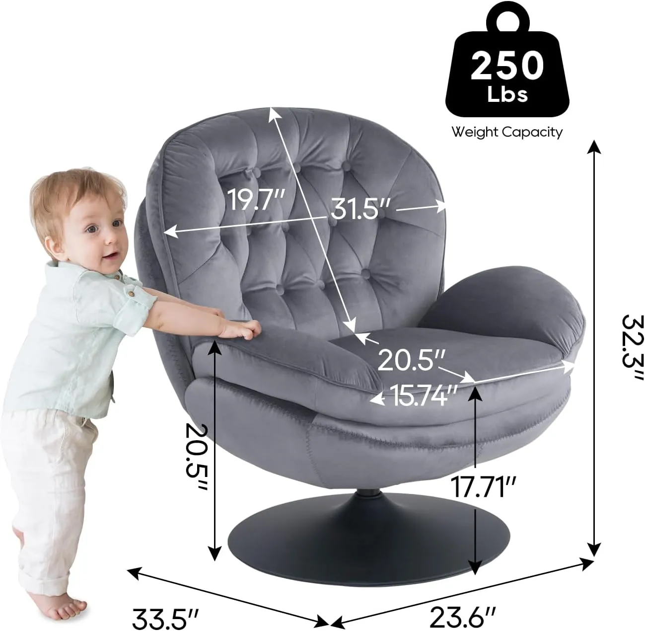 Velvet Swivel Accent Chair with Ottoman Set, Modern Tufted Armchair with Footrest for Living Room, Reading TV Chair for Adults, Comfy Chaise Lounge Chairs with 360 Degree Swiveling for Bedroom, Grey