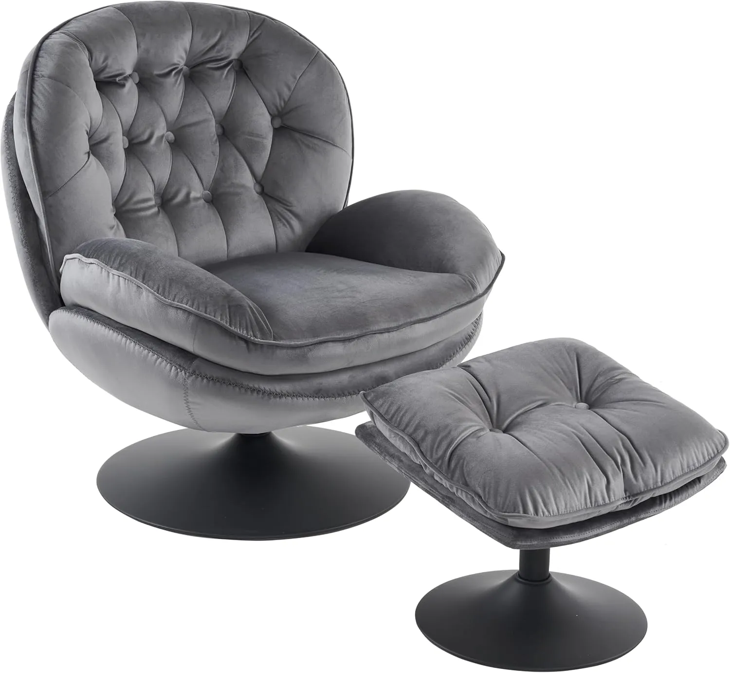 Velvet Swivel Accent Chair with Ottoman Set, Modern Tufted Armchair with Footrest for Living Room, Reading TV Chair for Adults, Comfy Chaise Lounge Chairs with 360 Degree Swiveling for Bedroom, Grey