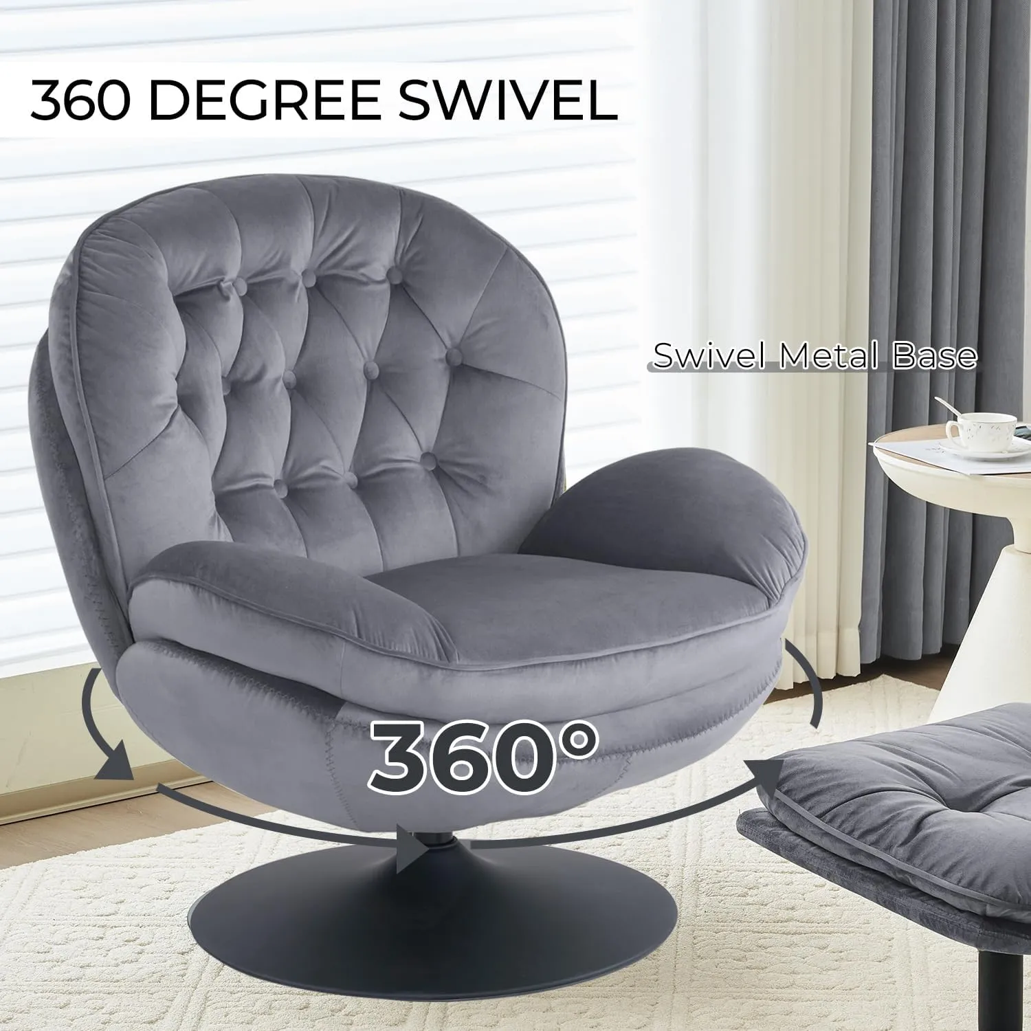 Velvet Swivel Accent Chair with Ottoman Set, Modern Tufted Armchair with Footrest for Living Room, Reading TV Chair for Adults, Comfy Chaise Lounge Chairs with 360 Degree Swiveling for Bedroom, Grey