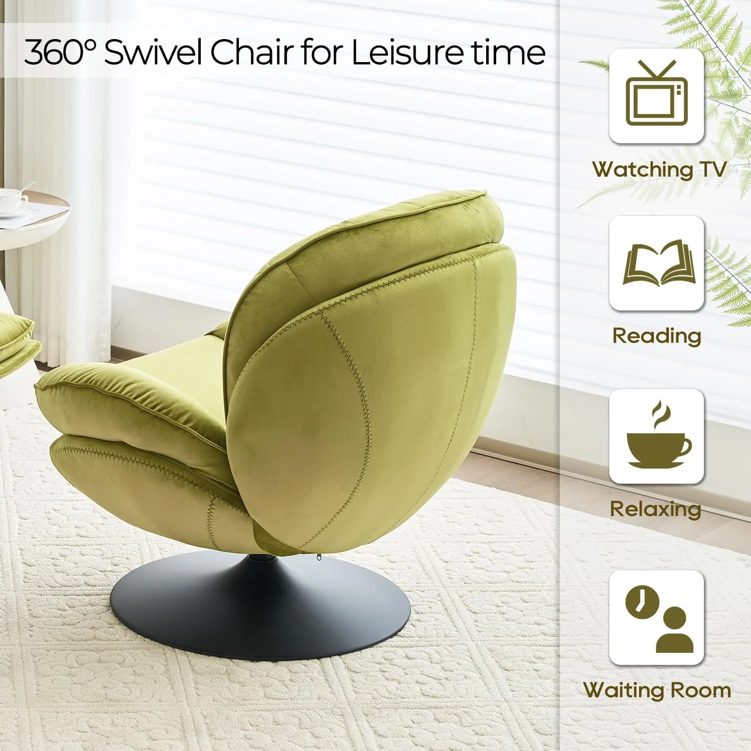 Velvet Swivel Accent Chair with Ottoman Set,Modern Tufted Armchair with Footrest for Living room,Reading TV Chair for adult,Comfy Chaise Lounge Chairs with 360 Degree Swiveling for bedroom,Olive Green
