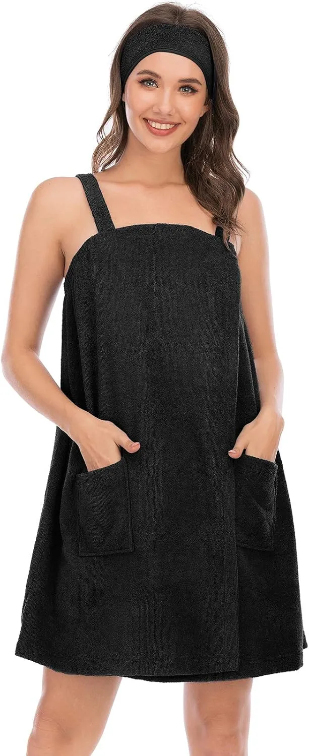Veseacky Women Bath Wrap Towel for Womens Shower with Pocket Adjustable Spa Robe & Facial Headband