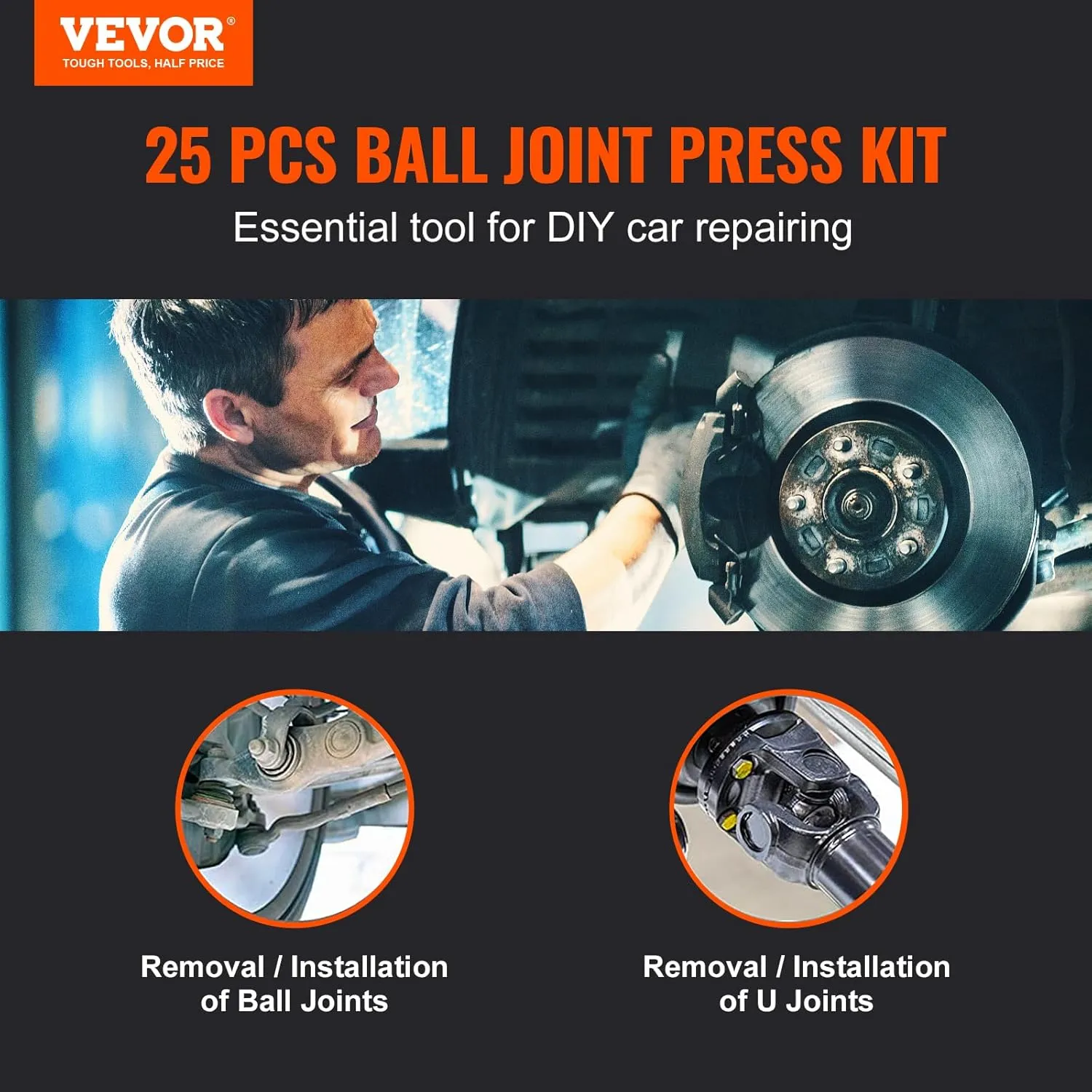 VEVOR Ball Joint Press Kit, 25 pcsTool Kit, C-Press Ball Joint Remove and Install Tools, for Most 2WD and 4WD Cars, Heavy Duty Ball Joint Repair Kit for Automotive Repairing
