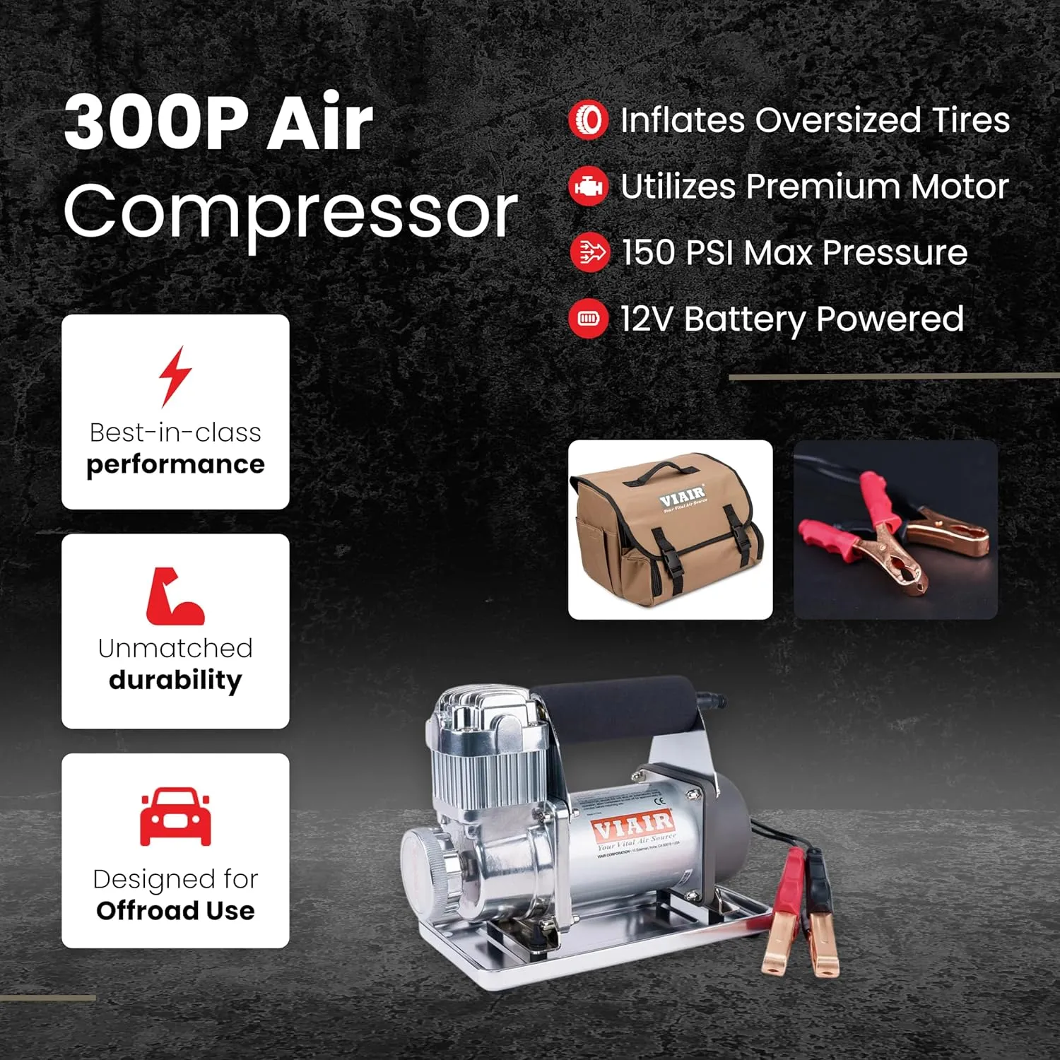 VIAIR 300P - 30033 Tire Inflator Portable Offroad Air Compressor for Truck & SUV, 12V On/Off Road Tire Pump Air Compressor Portable Heavy Duty 150 PSI