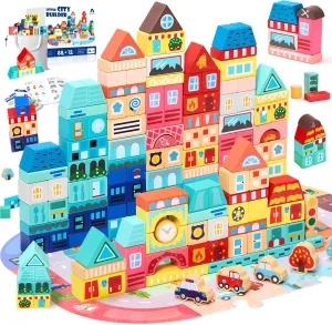 VigorFun 100 PCS Wooden Building Blocks Set - City Builder Stacking Toy with Storage Bag, Montessori Preschool Toys for Kids Toddlers Birthday Gifts Ages 3 