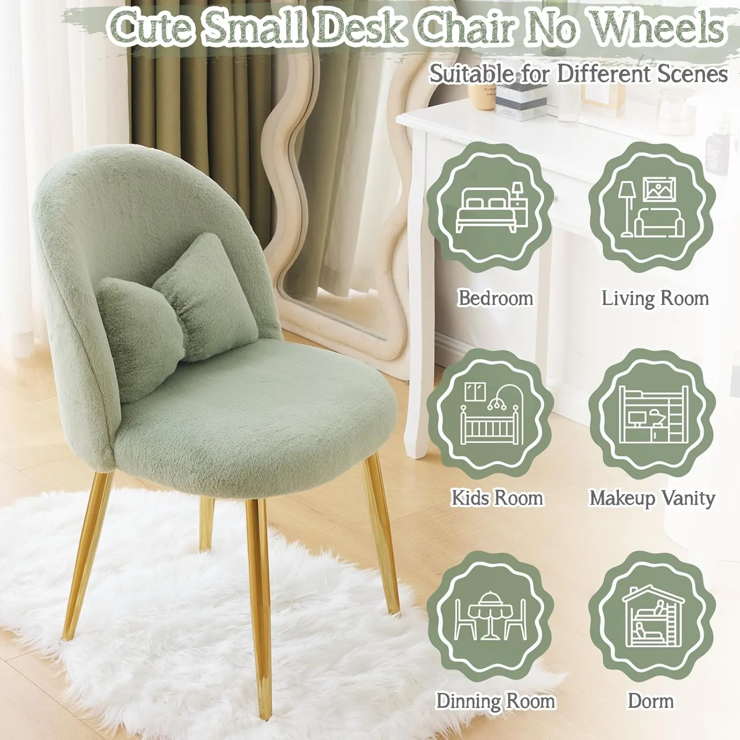 VINGLI Fluffy Girls Vanity Chair with Back & Pillow,Cute Small Cozy Desk Chair No Wheels,Comfy Makeup Ch with Ajustable Gold Legs,for Bedroom,Living Room,Small Space,Green