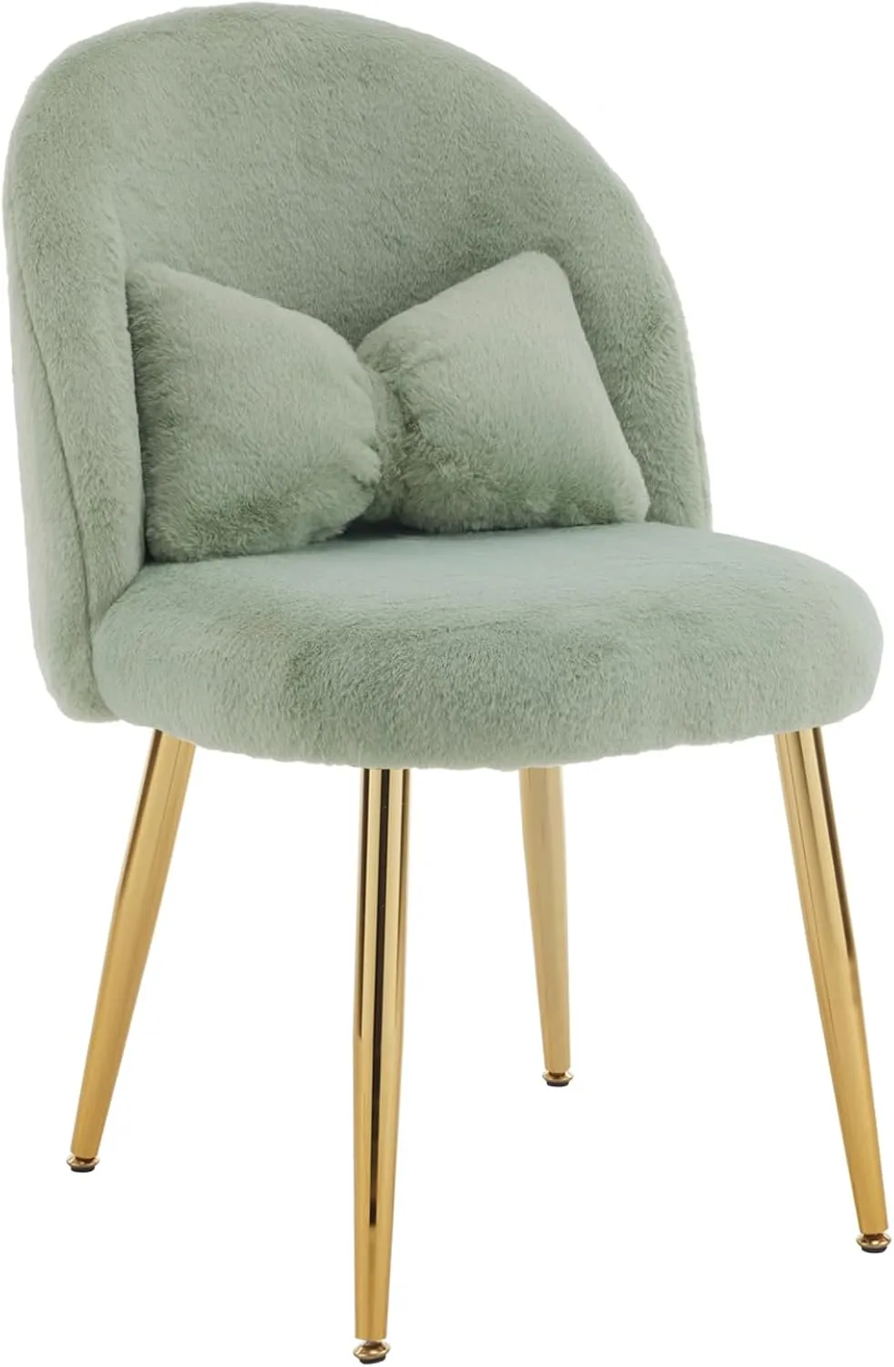 VINGLI Fluffy Girls Vanity Chair with Back & Pillow,Cute Small Cozy Desk Chair No Wheels,Comfy Makeup Ch with Ajustable Gold Legs,for Bedroom,Living Room,Small Space,Green