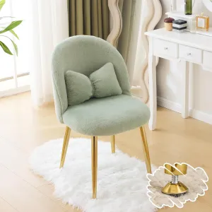 VINGLI Fluffy Girls Vanity Chair with Back & Pillow,Cute Small Cozy Desk Chair No Wheels,Comfy Makeup Ch with Ajustable Gold Legs,for Bedroom,Living Room,Small Space,Green