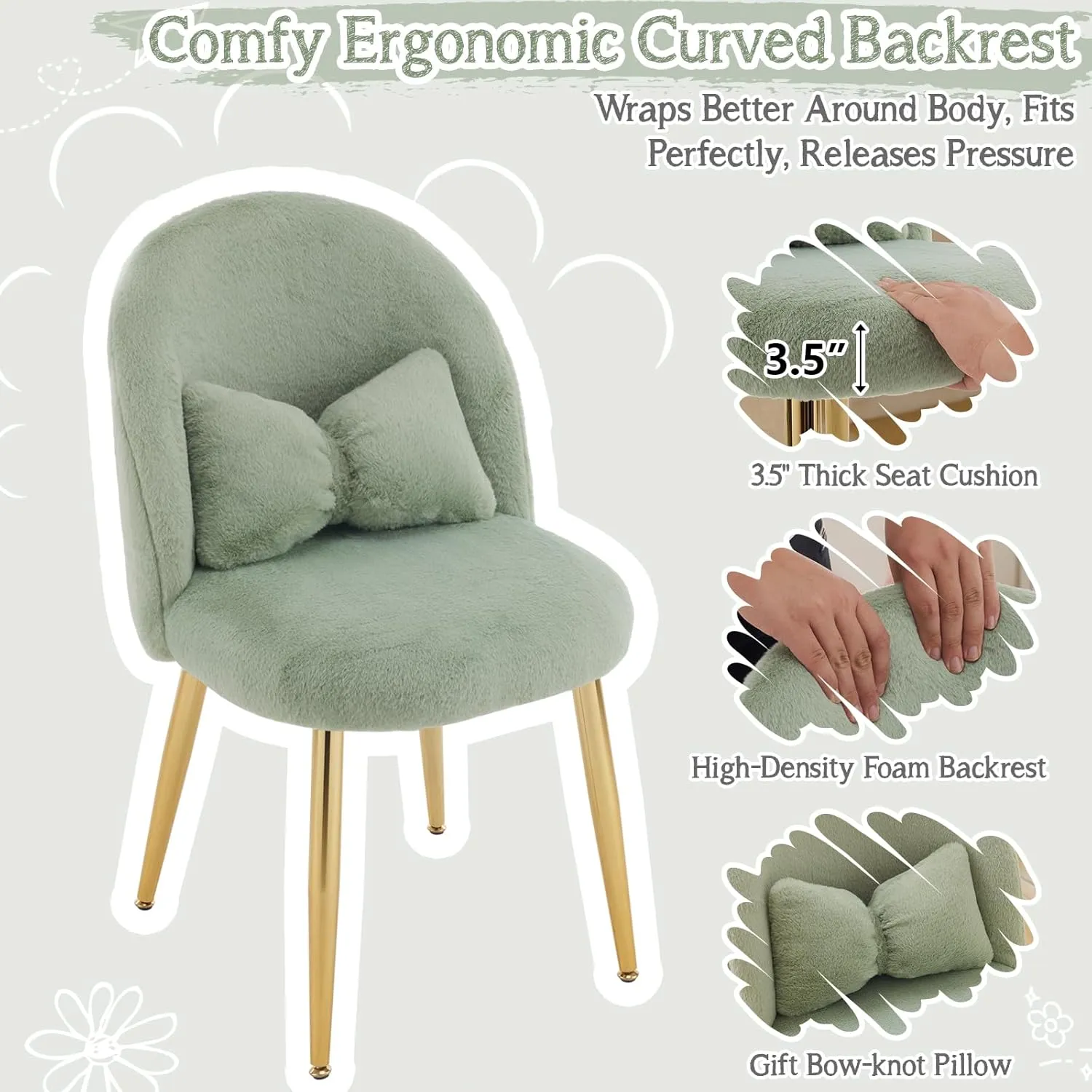 VINGLI Fluffy Girls Vanity Chair with Back & Pillow,Cute Small Cozy Desk Chair No Wheels,Comfy Makeup Ch with Ajustable Gold Legs,for Bedroom,Living Room,Small Space,Green