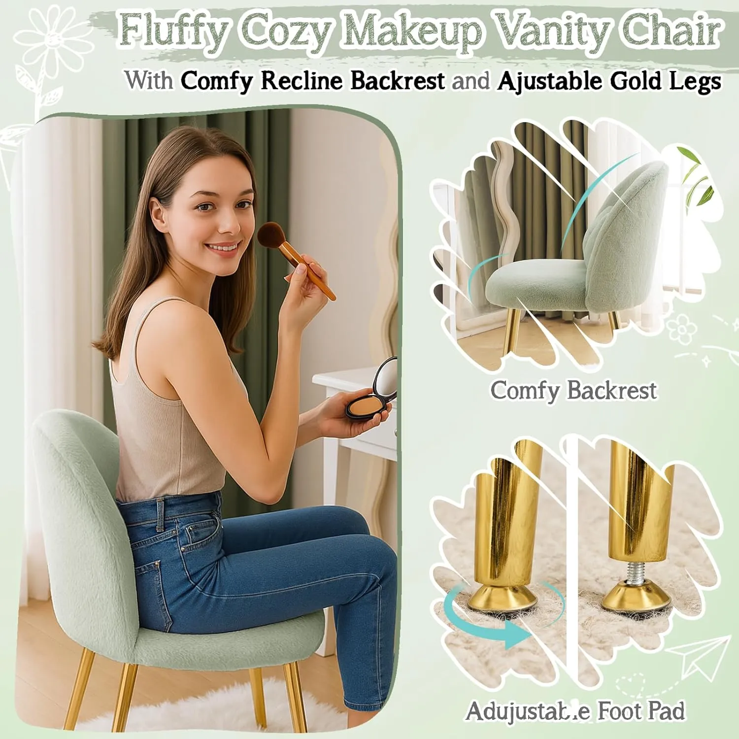 VINGLI Fluffy Girls Vanity Chair with Back & Pillow,Cute Small Cozy Desk Chair No Wheels,Comfy Makeup Ch with Ajustable Gold Legs,for Bedroom,Living Room,Small Space,Green