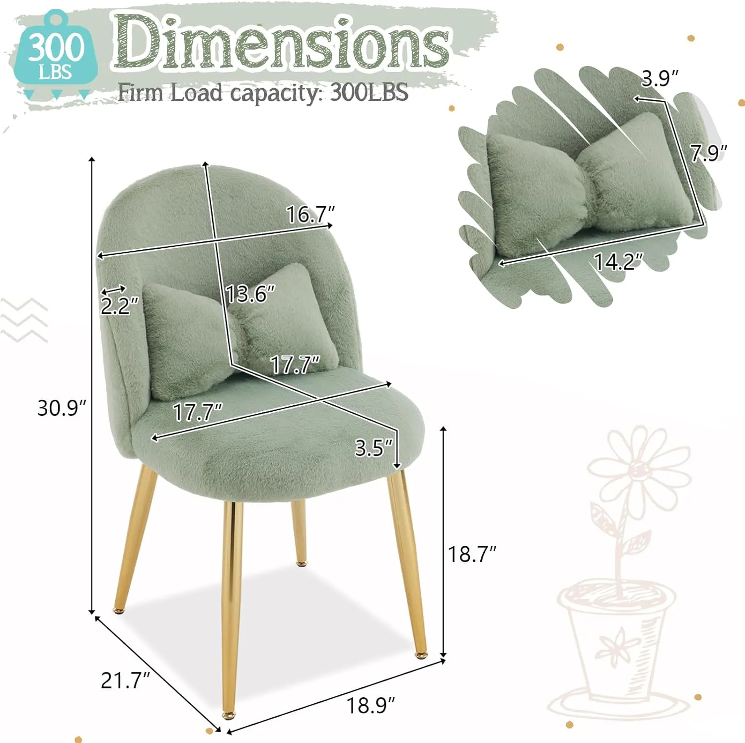 VINGLI Fluffy Girls Vanity Chair with Back & Pillow,Cute Small Cozy Desk Chair No Wheels,Comfy Makeup Ch with Ajustable Gold Legs,for Bedroom,Living Room,Small Space,Green