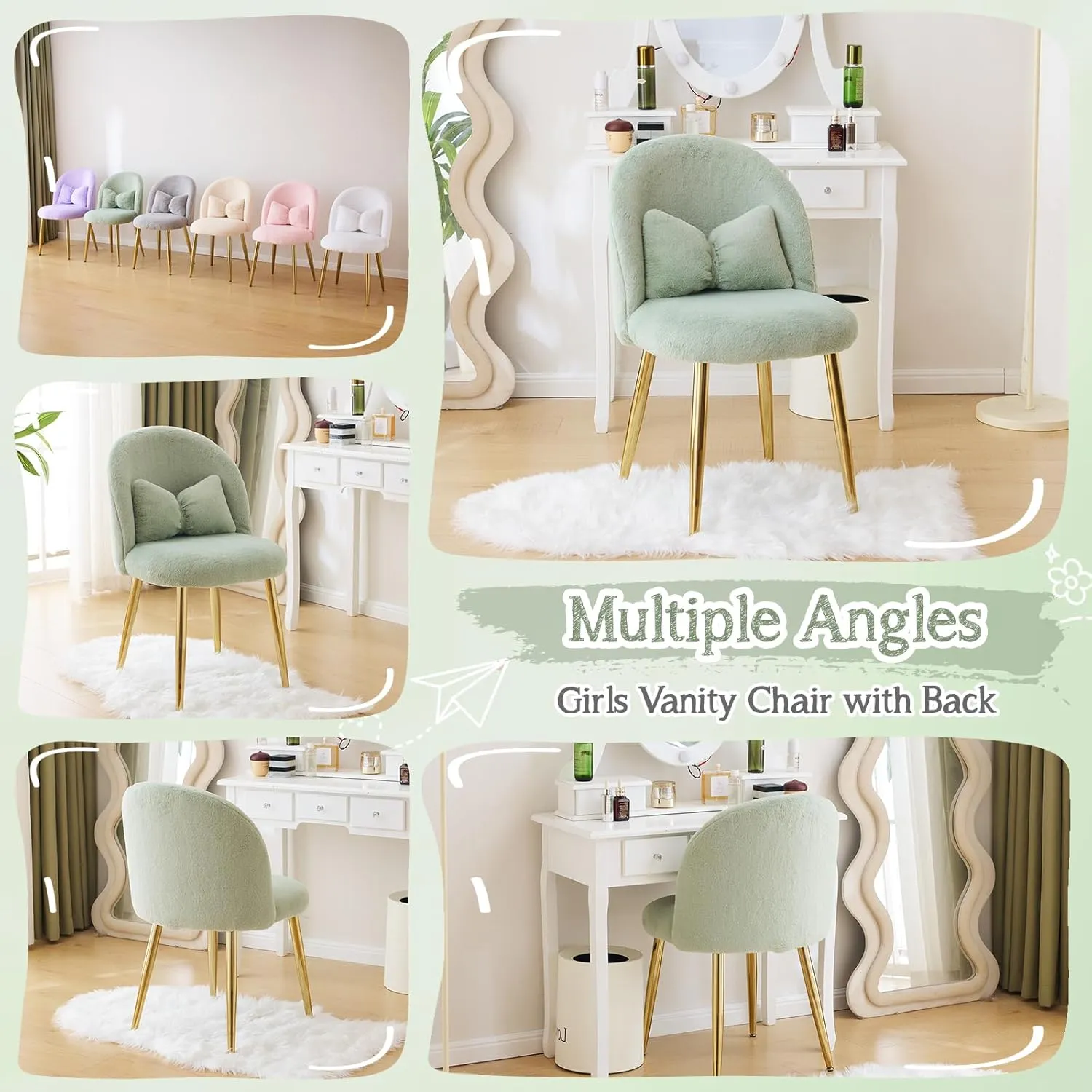 VINGLI Fluffy Girls Vanity Chair with Back & Pillow,Cute Small Cozy Desk Chair No Wheels,Comfy Makeup Ch with Ajustable Gold Legs,for Bedroom,Living Room,Small Space,Green