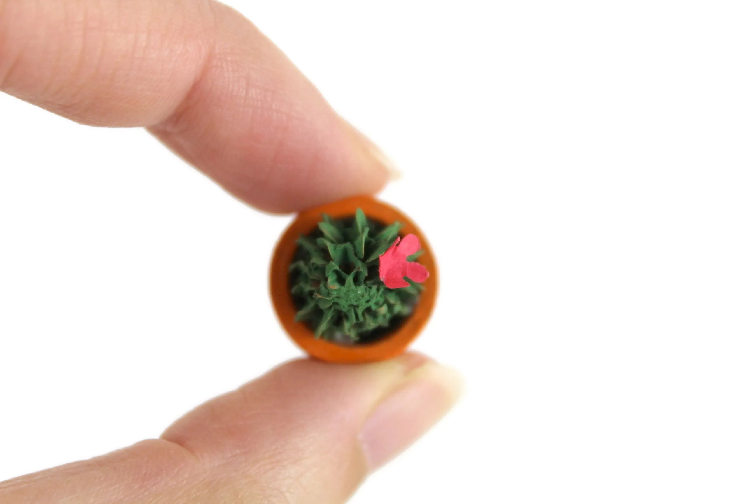 Vintage 1:12 Miniature Dollhouse Cactus Plant with Pink Flower in Terracotta Pot