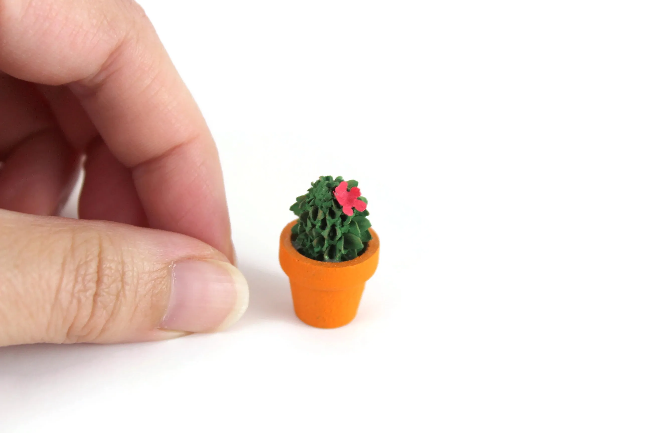 Vintage 1:12 Miniature Dollhouse Cactus Plant with Pink Flower in Terracotta Pot