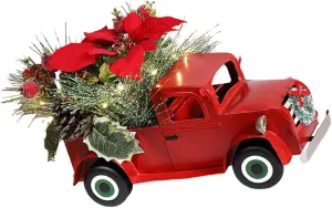 Vintage Red Truck Model Ornament Decorative Iron Miniature Car for Home Festival Decor Classic Truck Shape with Bright Light Christmas Holidays