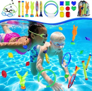 Vvinca 21 Pcs Diving Toy Set with Swimming Goggles, Colorful Pool Toys Rings, Dive Sticks, Treasure Torpedoes & Storage Bag Gifts for Kids Ages 3-12 Boys Girls, Perfect for Pool Party & Water Training
