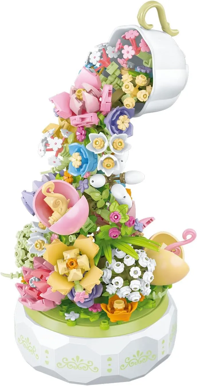 Waterfall Flower Bouquet Building Kit,Artificial Flowers Building Block Toys-Contains Music Box with LED Lights for Home Decoration,Birthday, Anniversary, (575 Pieces)