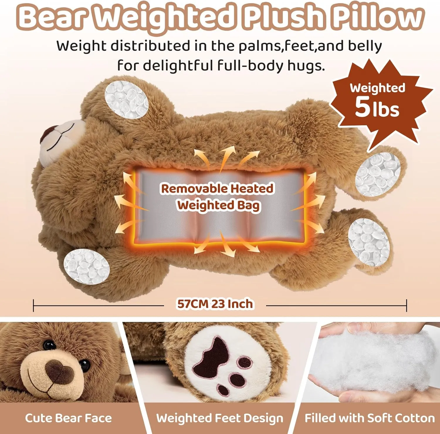 Weighted Stuffed Animals with Microwavable Heating Pad - 5lb or 2.13lb Adjustable, Heatable & Coolable Brown Bear Plush for Relaxation, Removable Inner Pad, Gift for Kids, Women & Adults (23 Inch)