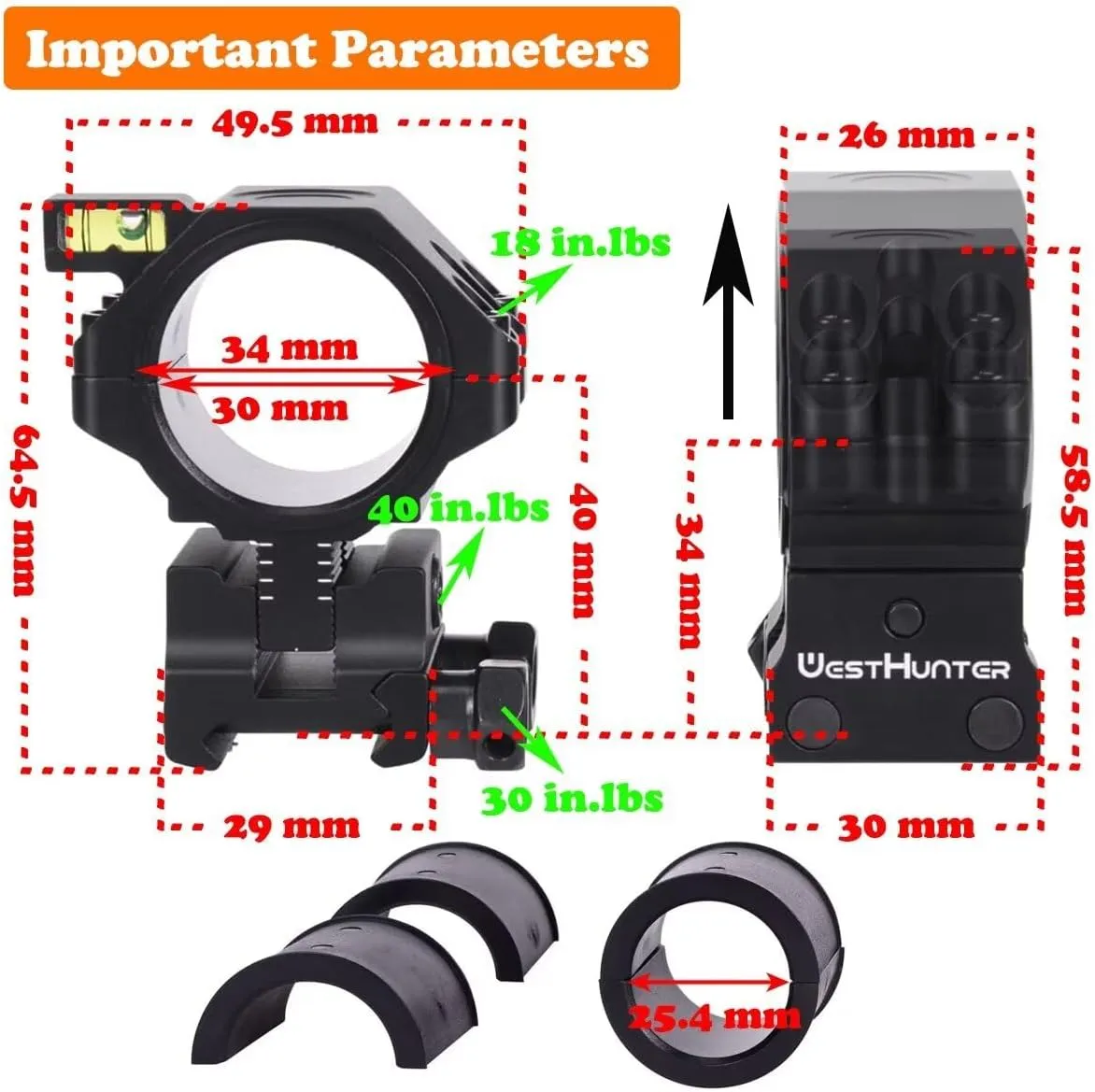 WestHunter Optics Precision Picatinny Scope Rings, 34 mm Tube Adjustable Height Scope Mount with Bubble Level, 30 mm & 25.4 Adapter | 34mm - 40mm Center Height