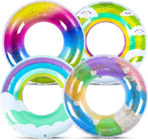 Wettarn 4 Pcs Rainbow Glitter Pool Float Inflatable for Kids Adults Rainbow Swimming Pool Rings Confetti Pool Tube Supplies for Summer Beach Outdoor Water Activities