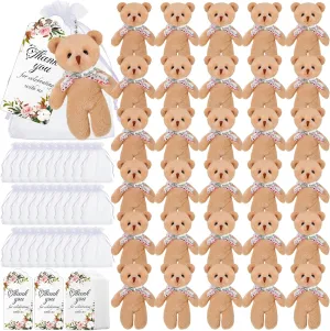 Wettarn 50 Sets Baby Shower Small Bears Tiny Plush Bear Bulk with Flower Thank You Tag and Mesh Bag 4.72" Tiny Bear Baby Shower Decorations for Kids DIY Keychain Wedding Birthday Baby Shower, Apricot