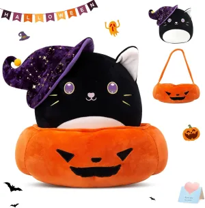 WEWILL 14'' Halloween Pumpkin Black Cat Soft Plush Pillow Big Separable Pumpkin Basket 2-in-1 Set Black Kitty for Kids Boys Girls