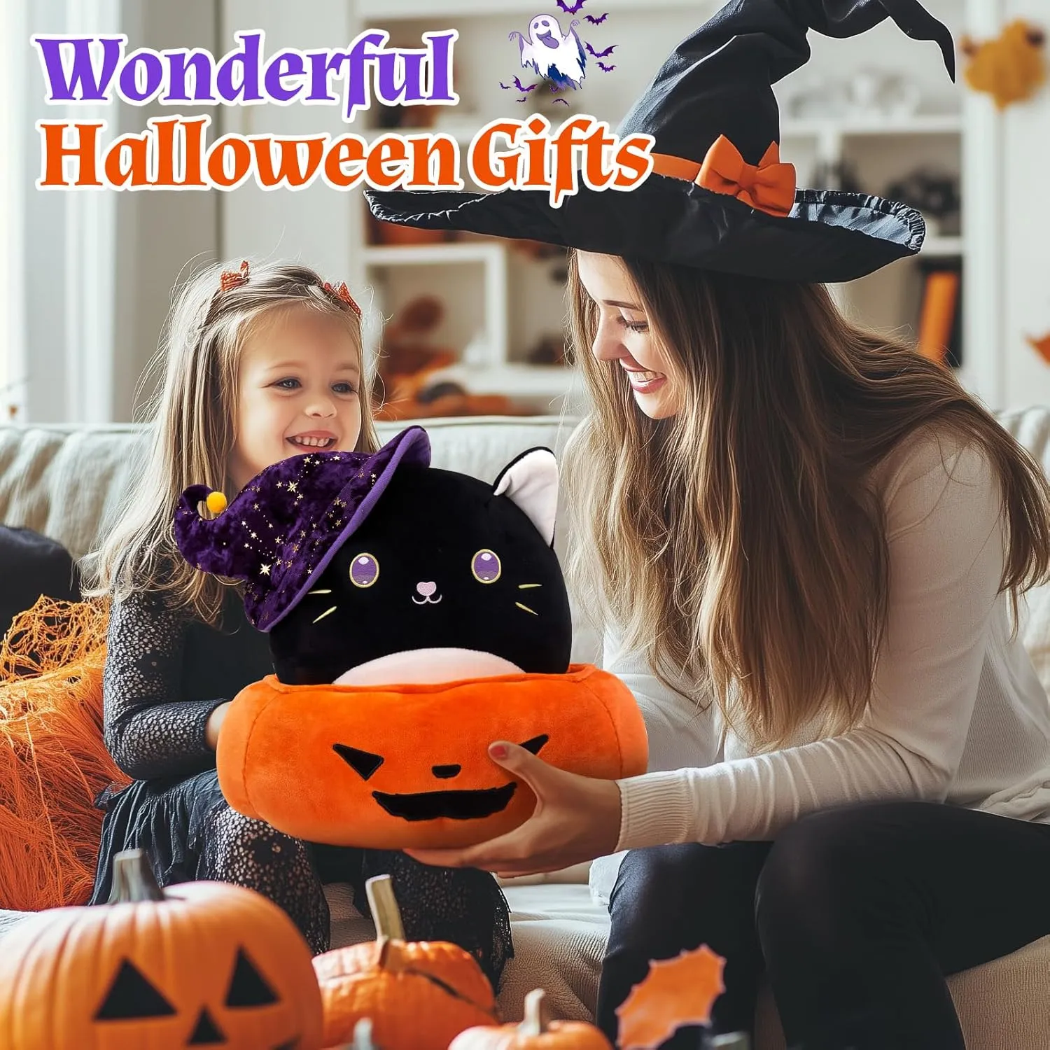 WEWILL 14'' Halloween Pumpkin Black Cat Soft Plush Pillow Big Separable Pumpkin Basket 2-in-1 Set Black Kitty for Kids Boys Girls