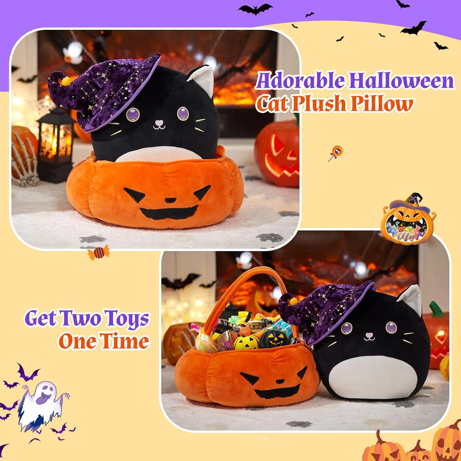 WEWILL 14'' Halloween Pumpkin Black Cat Soft Plush Pillow Big Separable Pumpkin Basket 2-in-1 Set Black Kitty for Kids Boys Girls