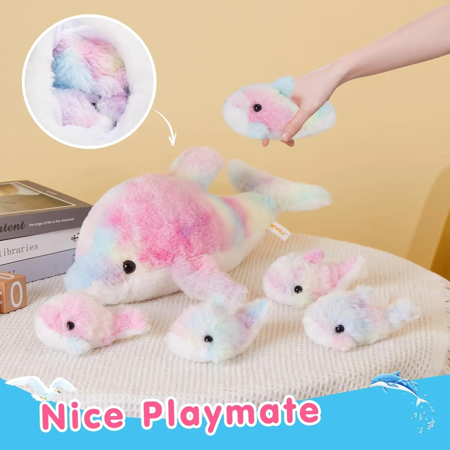 WEWILL 17-Inch Rainbow Dolphin Plush Toy with 4 Baby | Soft & Cuddly Stuffed Family Set | Colorful Dolphin Plush Gift for Kids