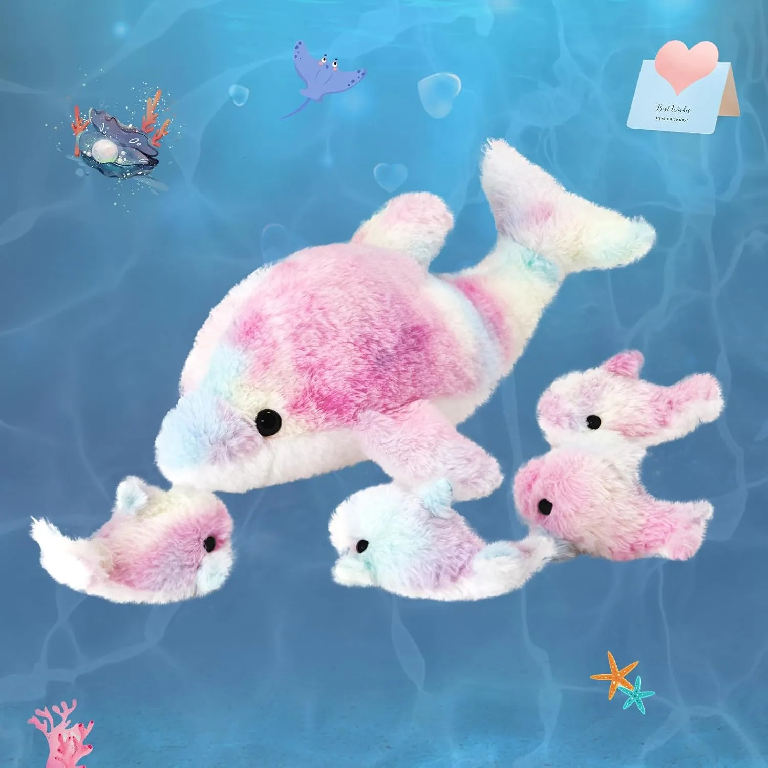 WEWILL 17-Inch Rainbow Dolphin Plush Toy with 4 Baby | Soft & Cuddly Stuffed Family Set | Colorful Dolphin Plush Gift for Kids