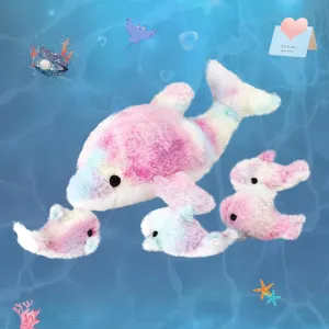WEWILL 17-Inch Rainbow Dolphin Plush Toy with 4 Baby | Soft & Cuddly Stuffed Family Set | Colorful Dolphin Plush Gift for Kids