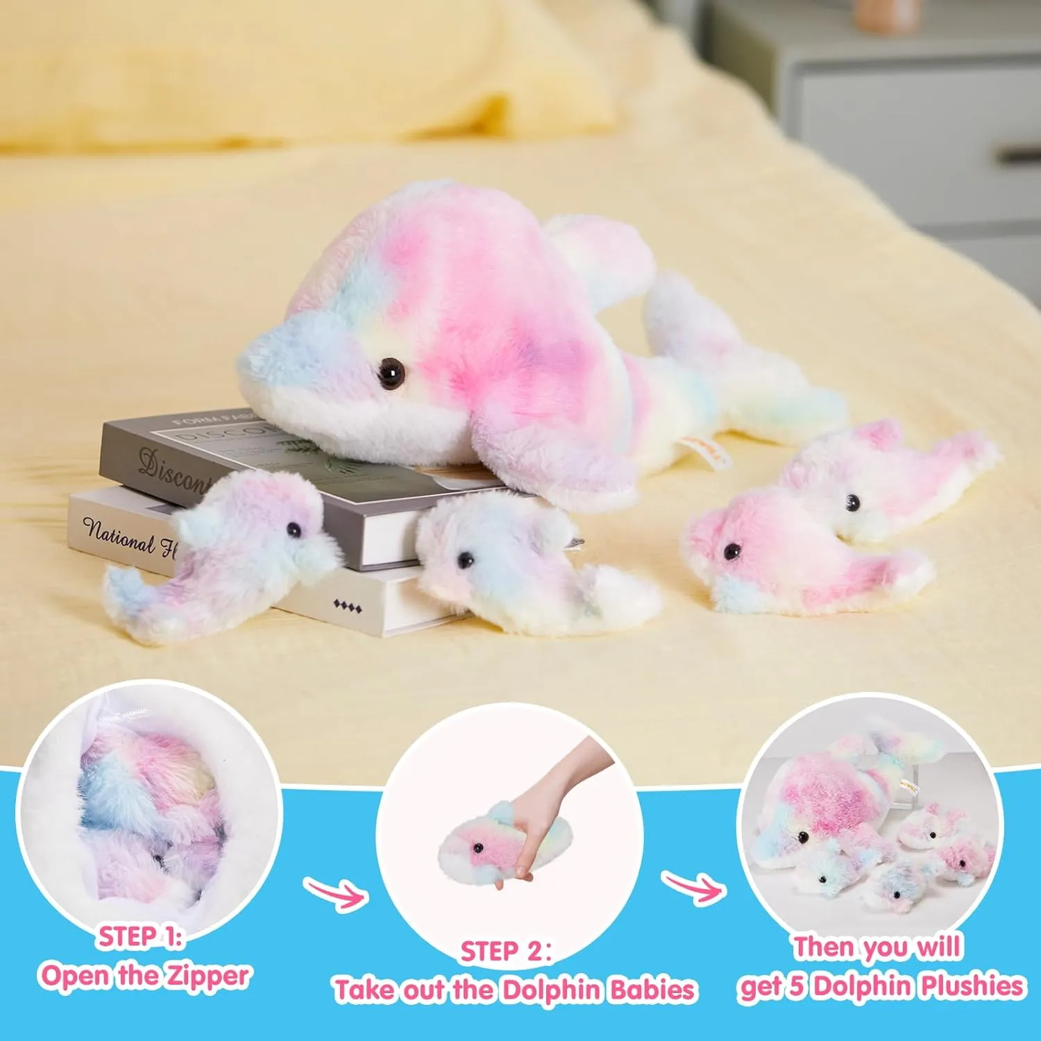 WEWILL 17-Inch Rainbow Dolphin Plush Toy with 4 Baby | Soft & Cuddly Stuffed Family Set | Colorful Dolphin Plush Gift for Kids