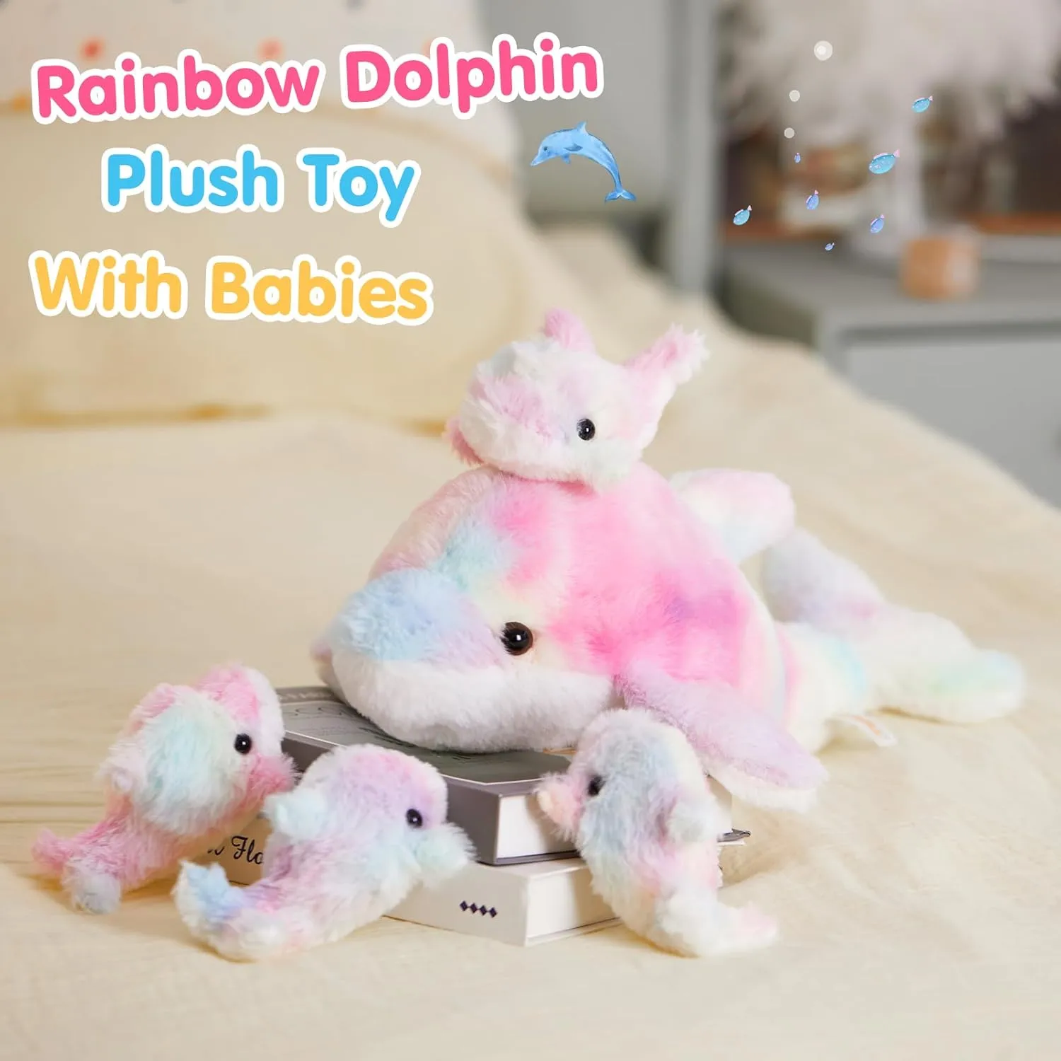 WEWILL 17-Inch Rainbow Dolphin Plush Toy with 4 Baby | Soft & Cuddly Stuffed Family Set | Colorful Dolphin Plush Gift for Kids