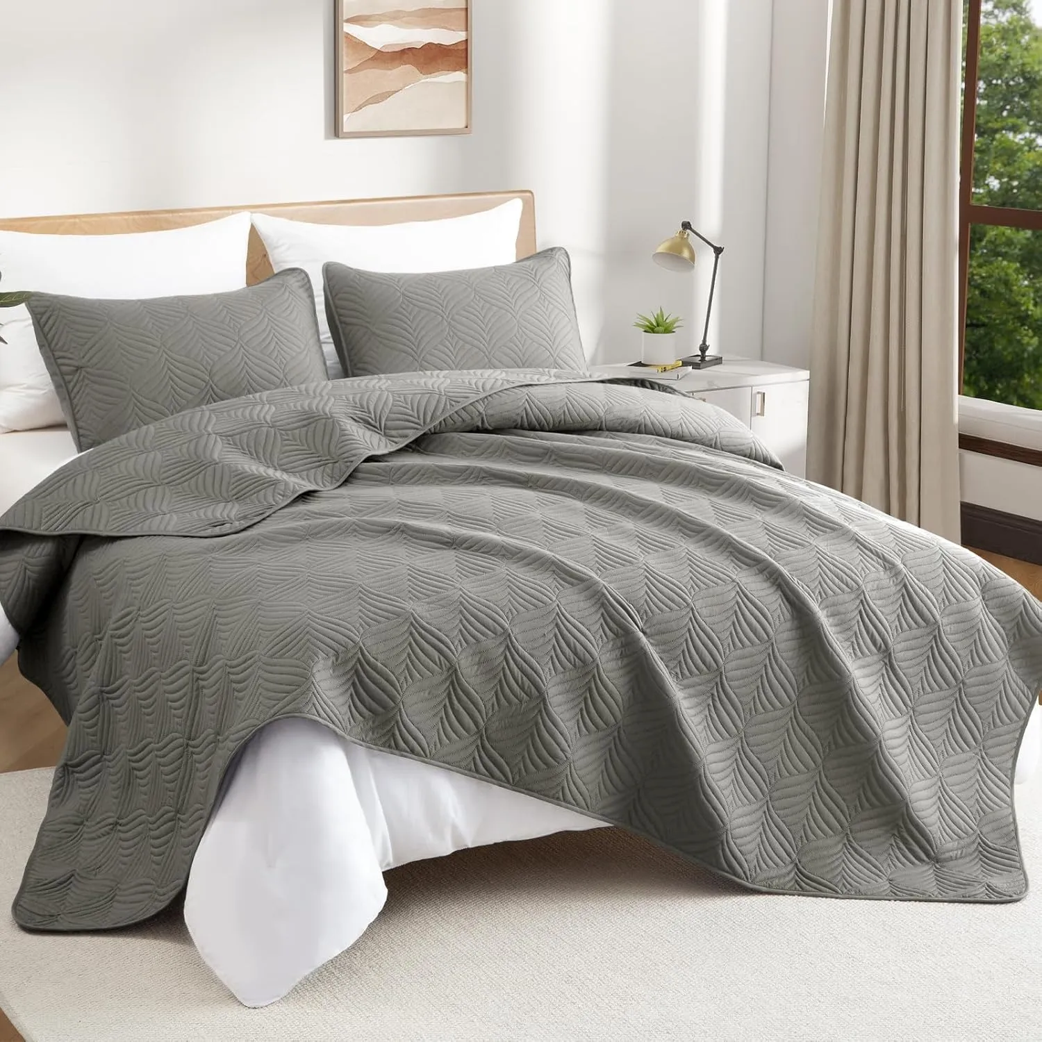 Whale Flotilla Elegant Extra Soft Quilt Set Twin Size, 2-Piece Lightweight Modern Geometric XL Twin Quilt Bedding Sets Bedspread Coverlet for All Seasons, Grey