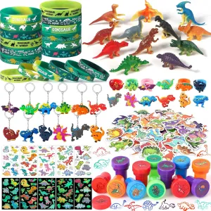 Winrayk Dinosaur Party Favors Dino Birthday Supplies Kids Boys Goodie Bags Stuffers Dino Figure Luminous Tattoo Sticker Wristband Stamper Keychain Ring Dinosaur Themed Party Toys Gifts Classroom Prize