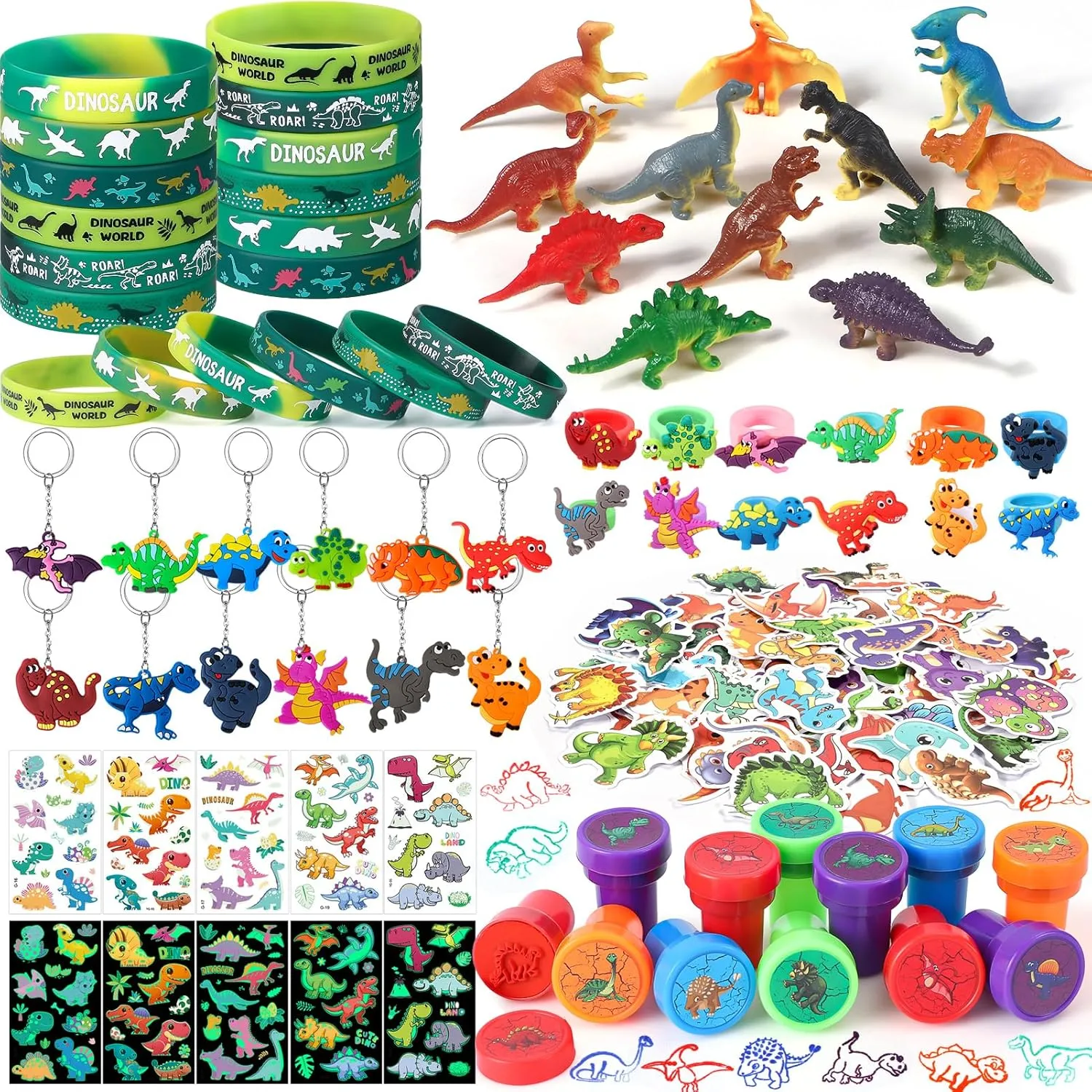 Winrayk Dinosaur Party Favors Dino Birthday Supplies Kids Boys Goodie Bags Stuffers Dino Figure Luminous Tattoo Sticker Wristband Stamper Keychain Ring Dinosaur Themed Party Toys Gifts Classroom Prize