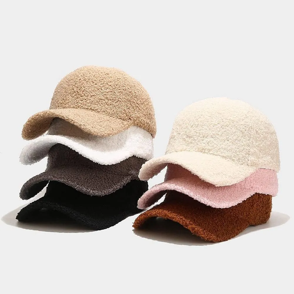 Winter Baseball Cap for Women Lamb Wool Solid Color Warm Baseball Cap for Outdoor Travel