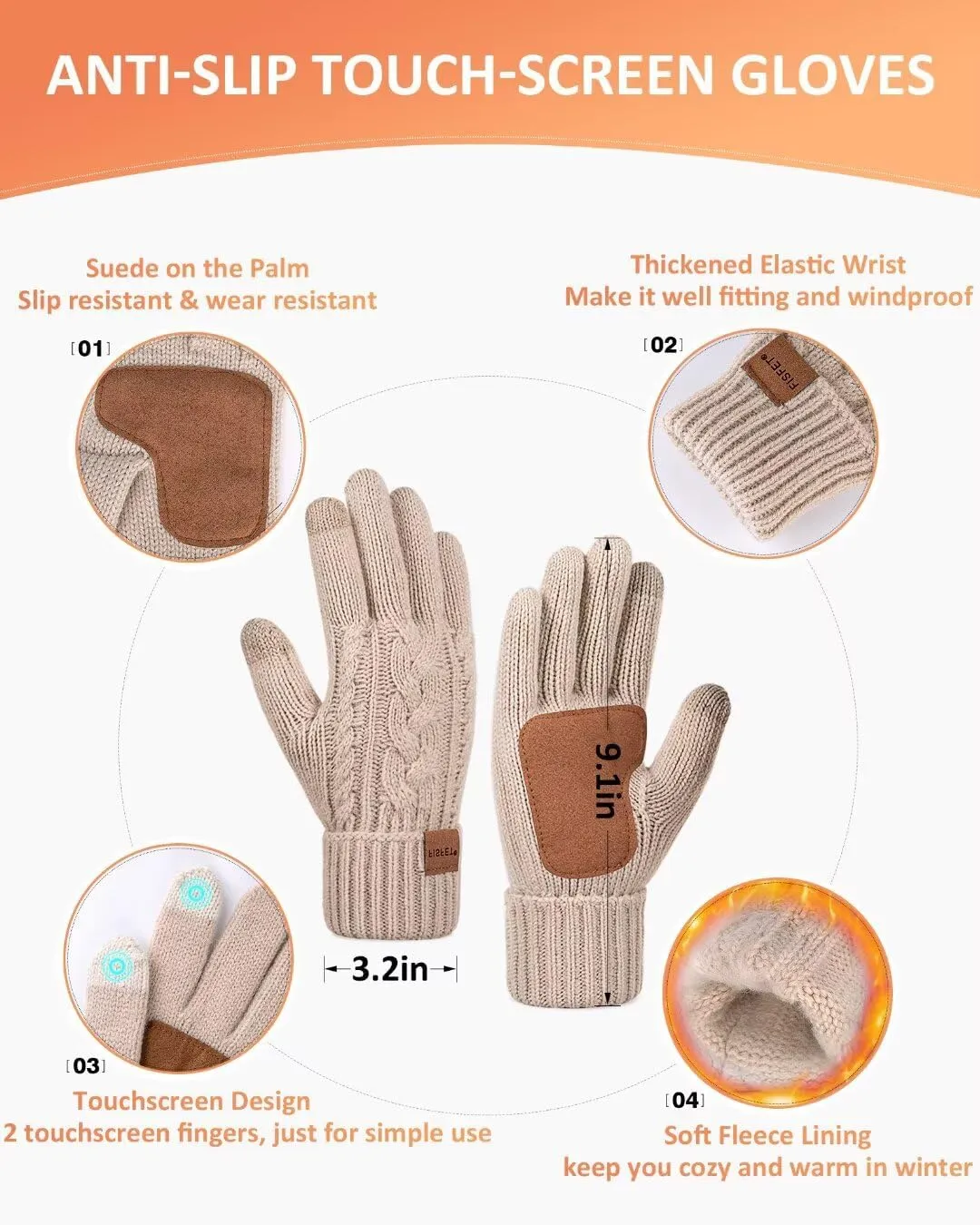 Winter Beanie Hat Scarf Gloves Set for Women, Pom Pom Beanie Fleece Lined Knit Neck Warmer Touchscreen Gloves 3 in 1 Gift Set