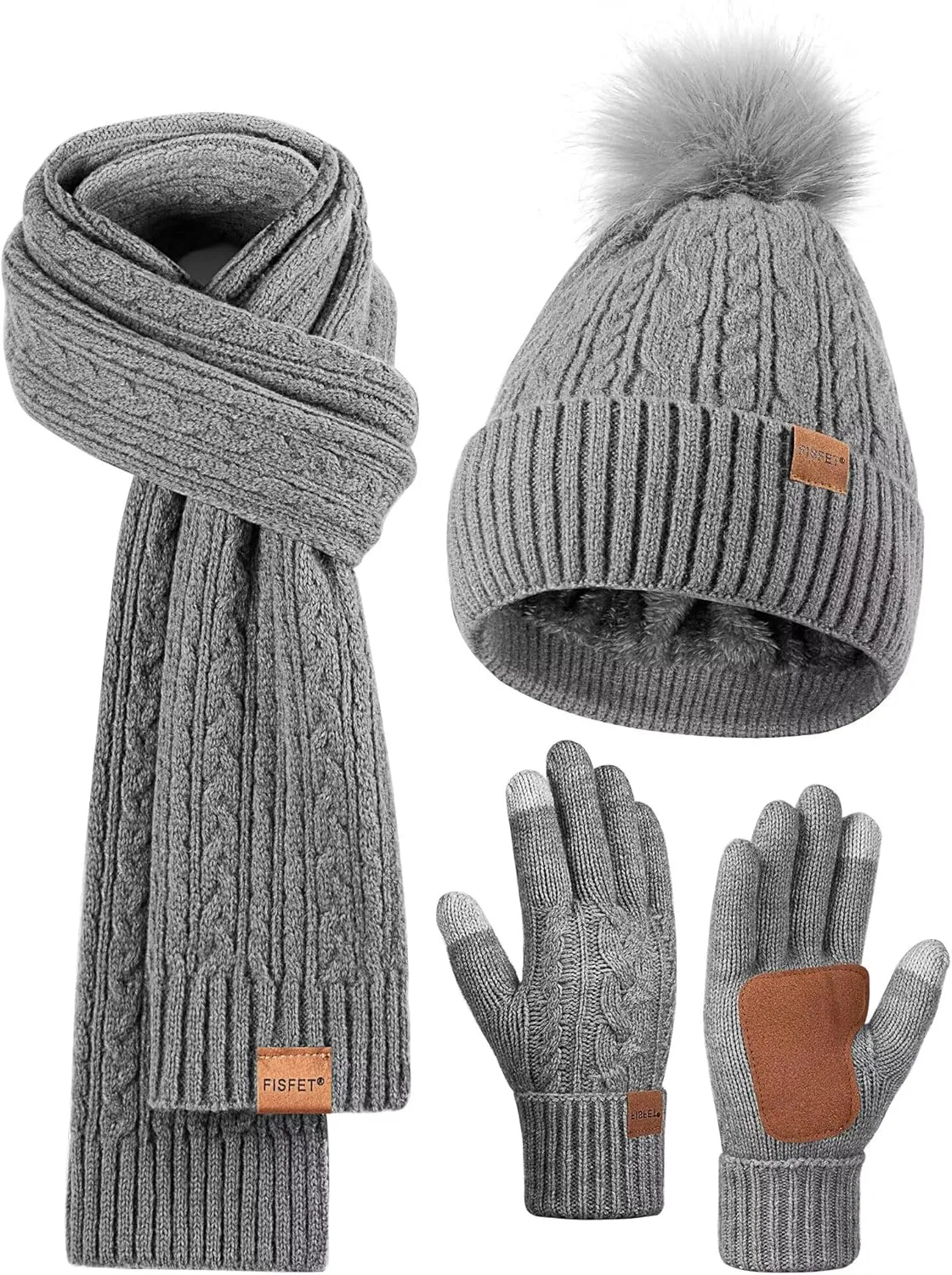 Winter Beanie Hat Scarf Gloves Set for Women, Pom Pom Beanie Fleece Lined Knit Neck Warmer Touchscreen Gloves 3 in 1 Gift Set