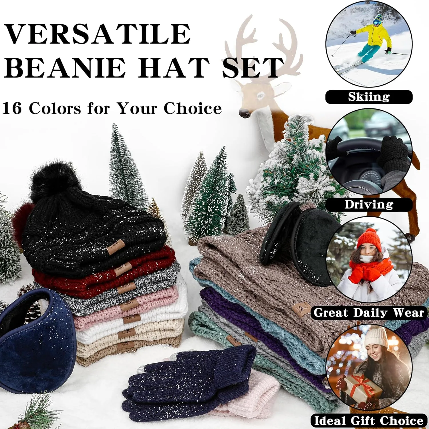 Winter Hat Scarf Gloves and Ear Warmer, Warm Knit Beanie Hat Touch Screen Gloves Set Winter Gifts Neck Scarves for Women