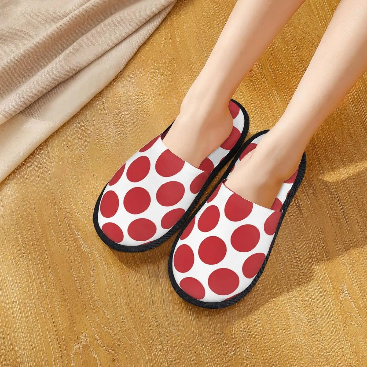 Winter House Shoes Fluffy Slippers Polka Dots Red White Warm Indoor House Slippers For Men Women