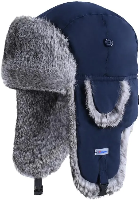 Winter Trapper Hat,100% Rabbit Fur Russian Ushanka Aviator Hunting Ski Hat Winter Hat with Ear Flaps