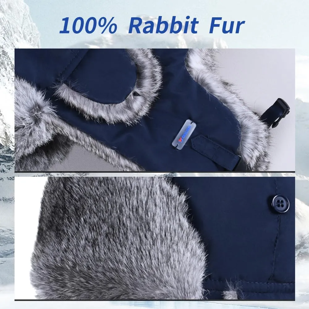 Winter Trapper Hat,100% Rabbit Fur Russian Ushanka Aviator Hunting Ski Hat Winter Hat with Ear Flaps