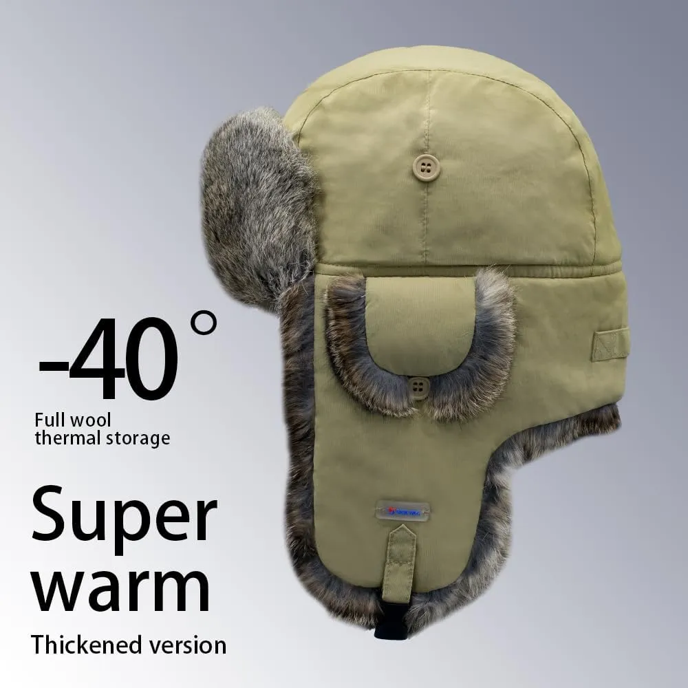 Winter Trapper Hat,100% Rabbit Fur Russian Ushanka Aviator Hunting Ski Hat Winter Hat with Ear Flaps