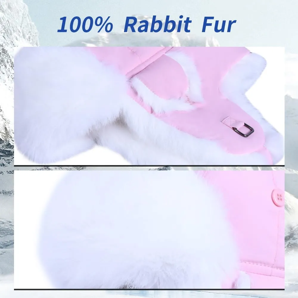Winter Trapper Hat,100% Rabbit Fur Russian Ushanka Aviator Hunting Ski Hat Winter Hat with Ear Flaps