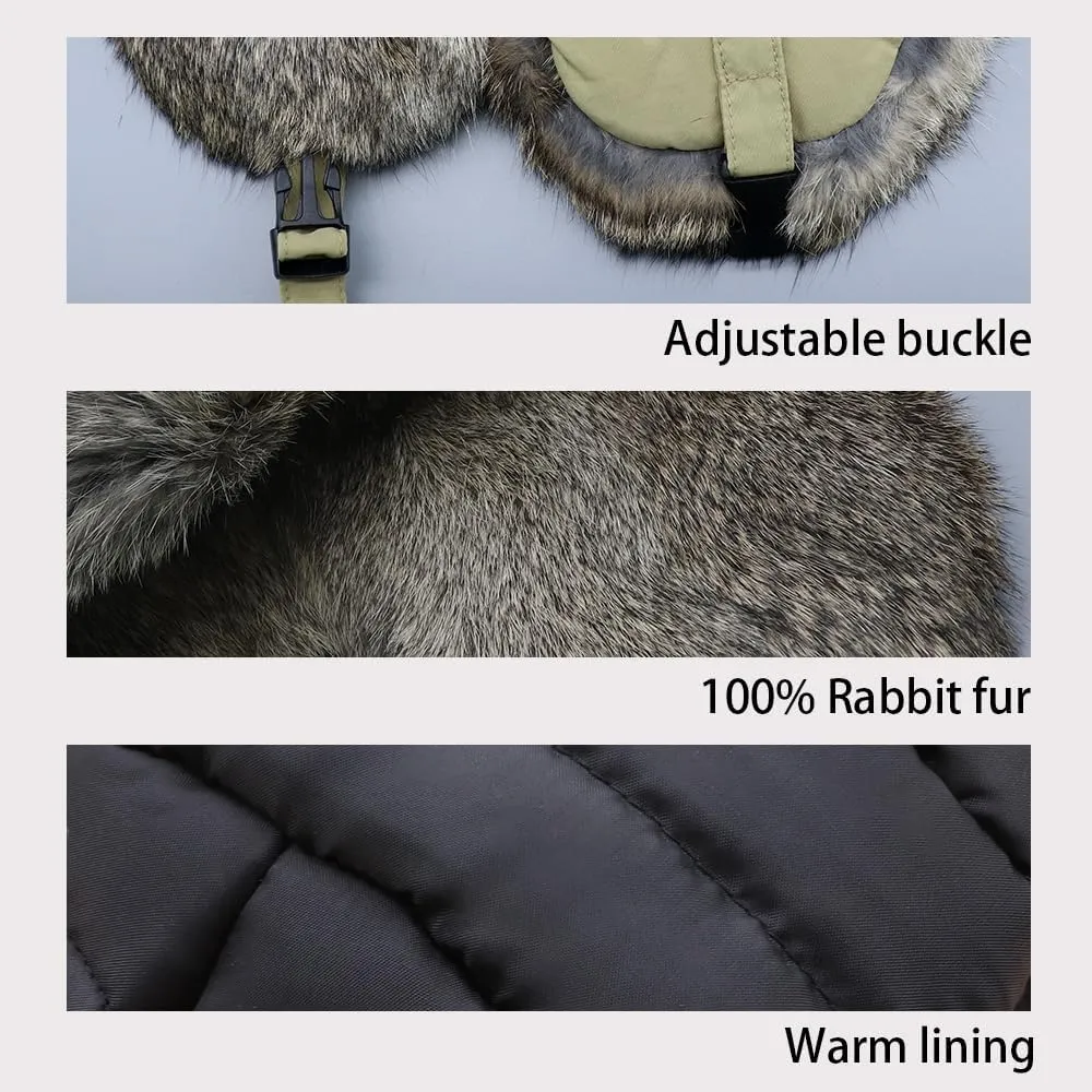 Winter Trapper Hat,100% Rabbit Fur Russian Ushanka Aviator Hunting Ski Hat Winter Hat with Ear Flaps