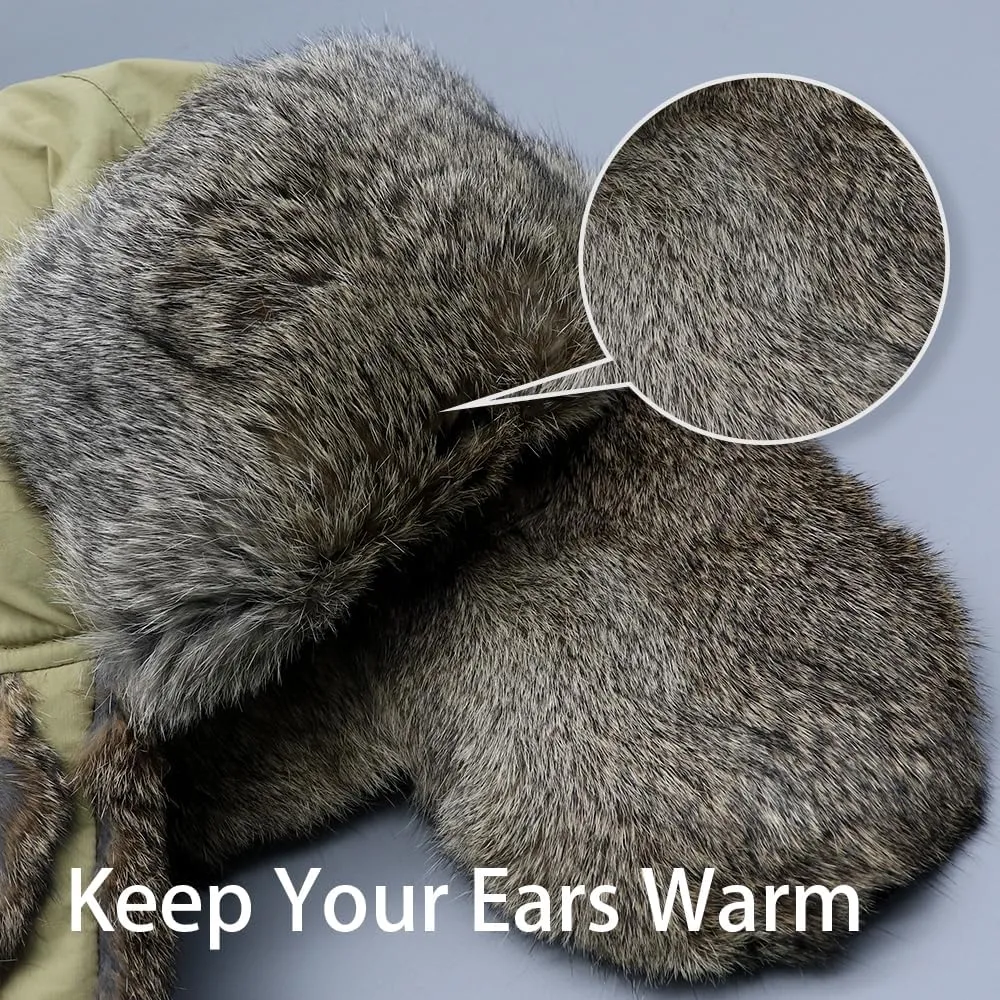 Winter Trapper Hat,100% Rabbit Fur Russian Ushanka Aviator Hunting Ski Hat Winter Hat with Ear Flaps