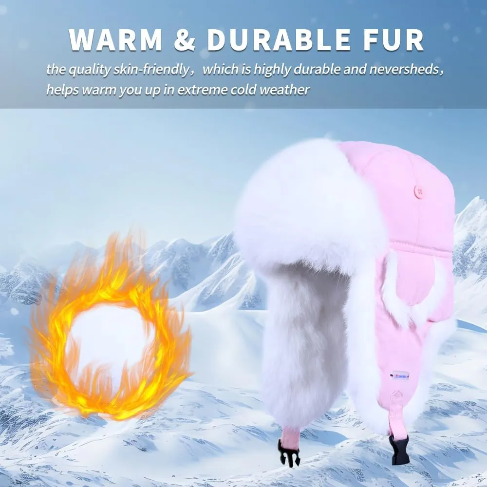 Winter Trapper Hat,100% Rabbit Fur Russian Ushanka Aviator Hunting Ski Hat Winter Hat with Ear Flaps