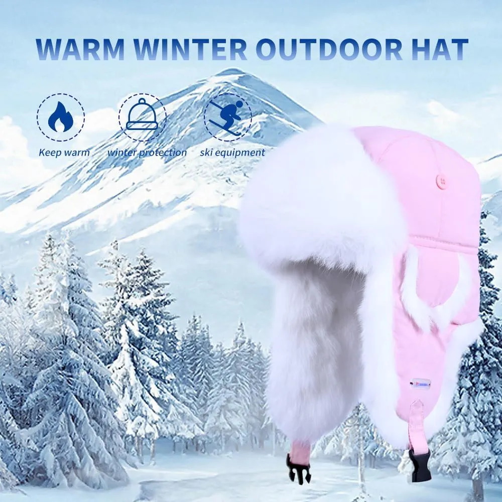 Winter Trapper Hat,100% Rabbit Fur Russian Ushanka Aviator Hunting Ski Hat Winter Hat with Ear Flaps